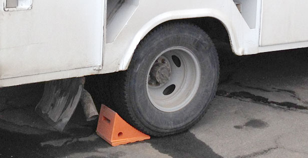 Semi truck with wheel chock